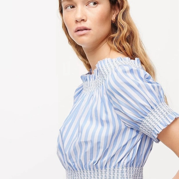 J. Crew | Puff Sleeve Smocked Top Blue and White Stripes Cropped Large - Picture 2 of 8